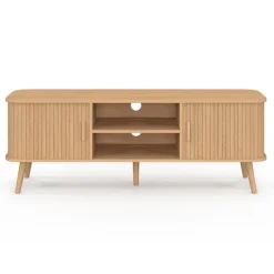 Meuble télé 140 cm avec portes coulissantes lattes tasseau bois coloris chêne