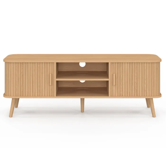 Meuble télé 140 cm avec portes coulissantes lattes tasseau bois coloris chêne