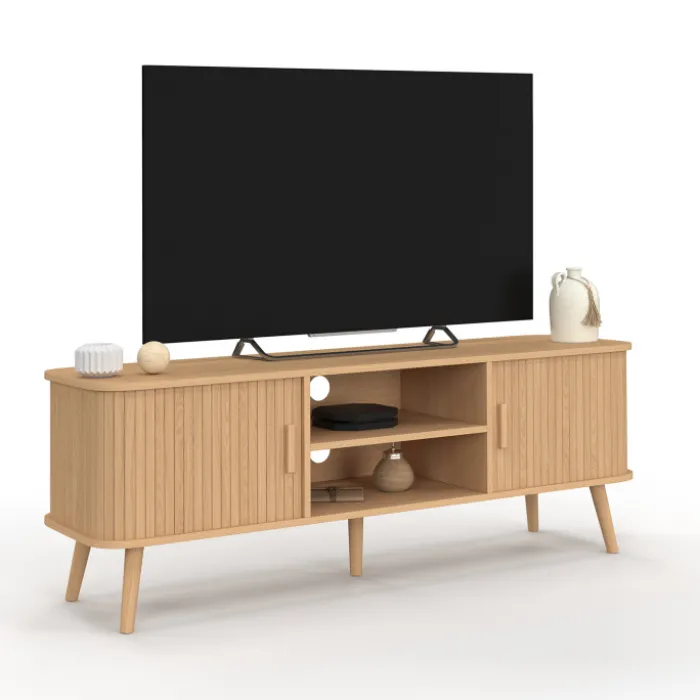 Meuble télé 140 cm avec portes coulissantes lattes tasseau bois coloris chêne