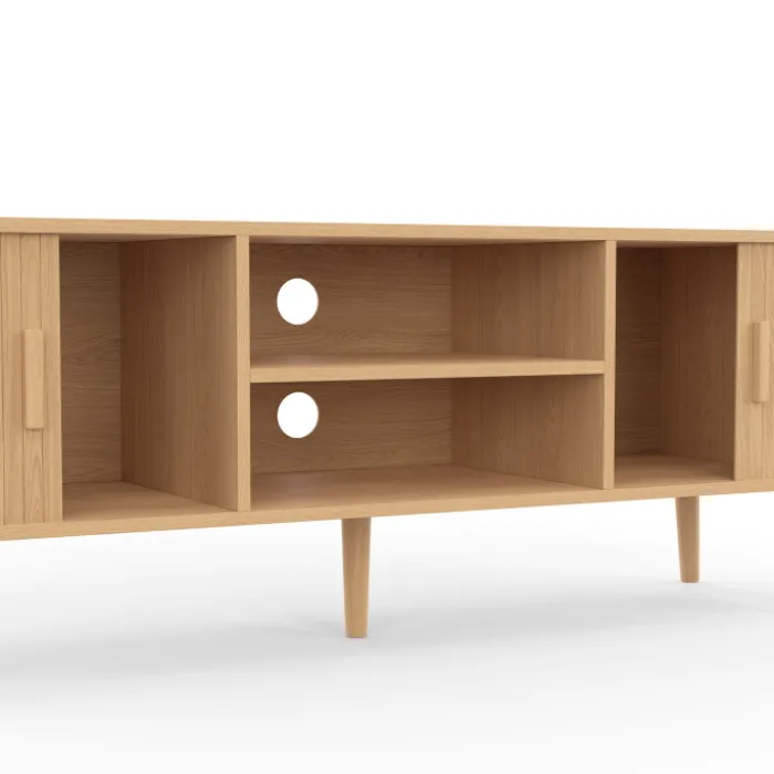 Meuble télé 140 cm avec portes coulissantes lattes tasseau bois coloris chêne