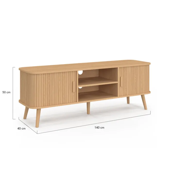 Meuble télé 140 cm avec portes coulissantes lattes tasseau bois coloris chêne