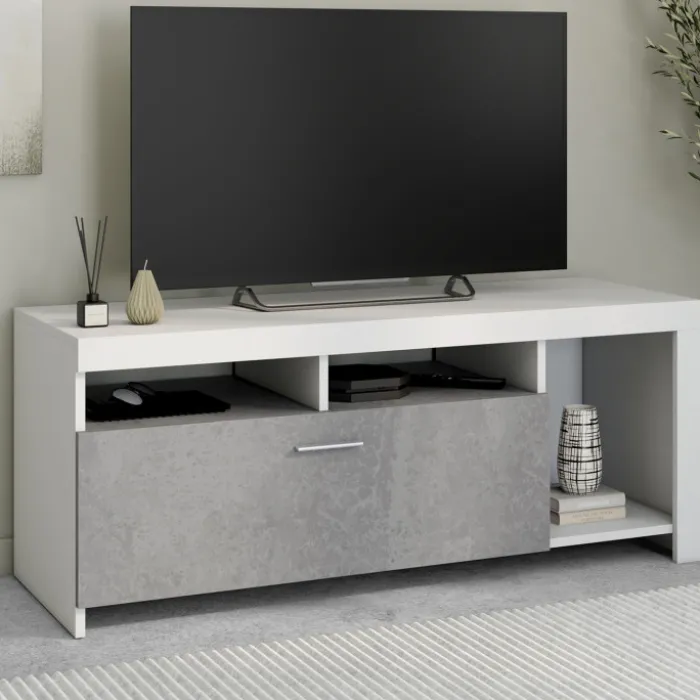 Meuble télé 110 cm blanc et placard effet béton