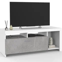 Meuble télé 110 cm blanc et placard effet béton