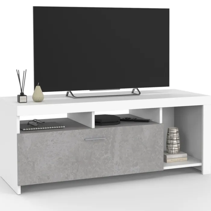 Meuble télé 110 cm blanc et placard effet béton