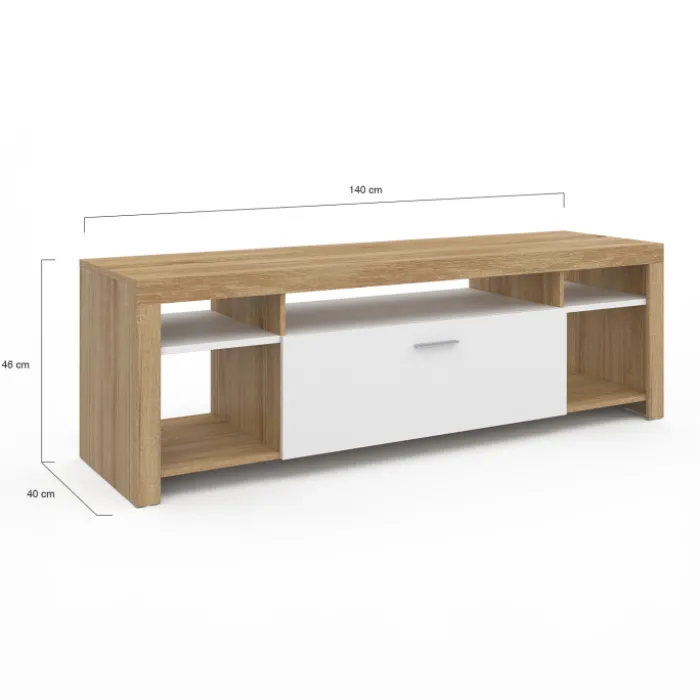 Meuble télé 140 cm bois et placard blanc