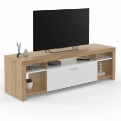 Meuble télé 140 cm bois et placard blanc
