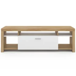 Meuble télé 140 cm bois et placard blanc