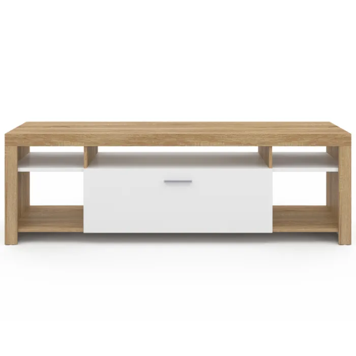 Meuble télé 140 cm bois et placard blanc