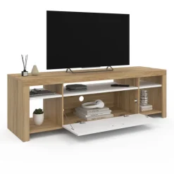 Meuble télé 140 cm bois et placard blanc