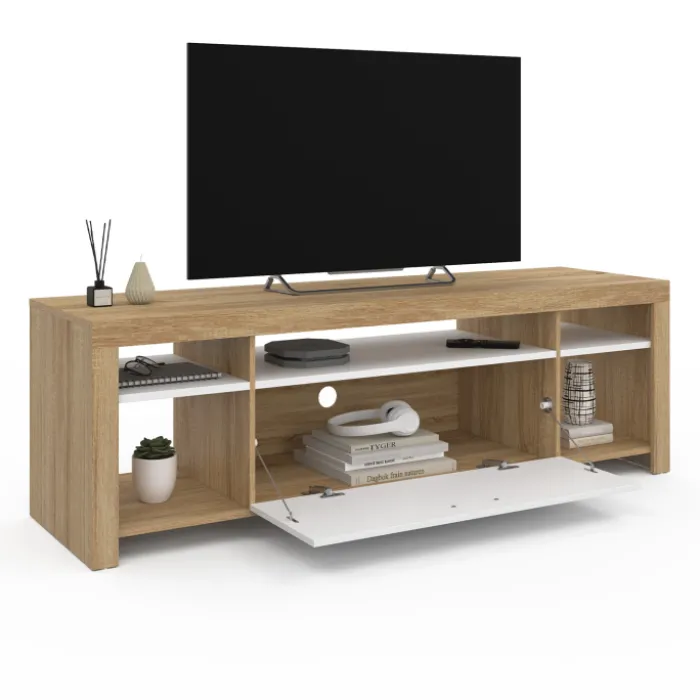 Meuble télé 140 cm bois et placard blanc
