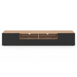 Meuble télé 180 cm noir et bois façon hêtre avec rangement
