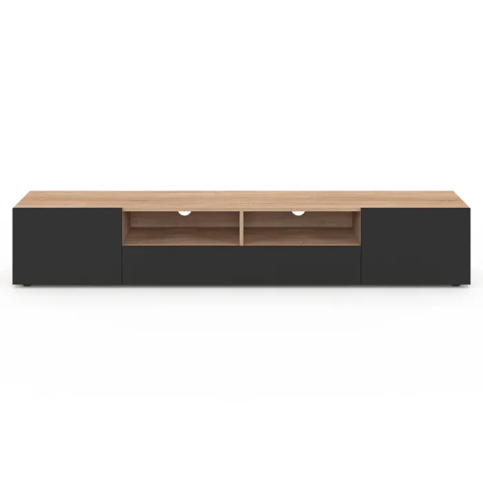 Meuble télé 180 cm noir et bois façon hêtre avec rangement