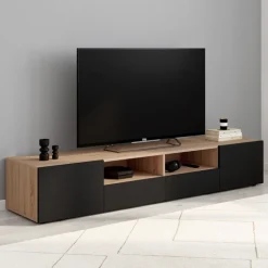 Meuble télé 180 cm noir et bois façon hêtre avec rangement