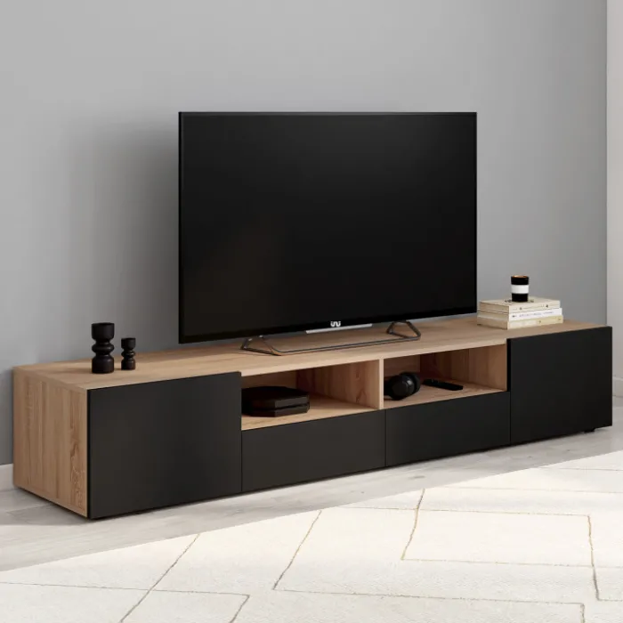 Meuble télé 180 cm noir et bois façon hêtre avec rangement