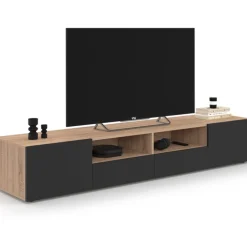 Meuble télé 180 cm noir et bois façon hêtre avec rangement