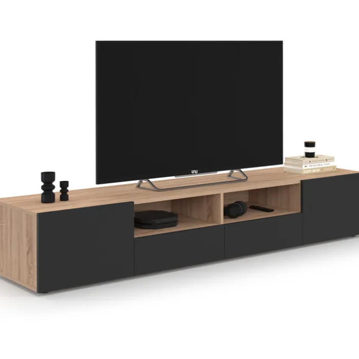 Meuble télé 180 cm noir et bois façon hêtre avec rangement