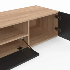 Meuble télé 180 cm noir et bois façon hêtre avec rangement