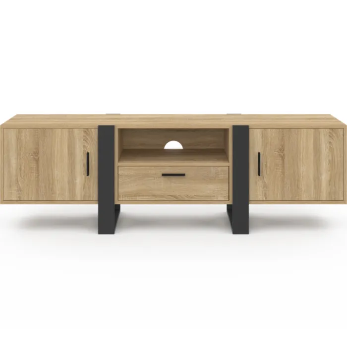 Meuble télé 160 cm XXL moderne bois et noir avec 3 portes et 1 niche