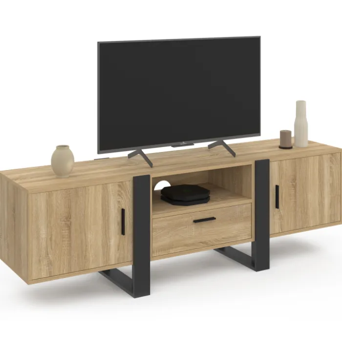 Meuble télé 160 cm XXL moderne bois et noir avec 3 portes et 1 niche