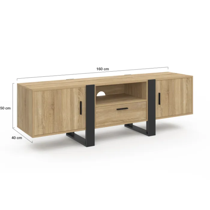Meuble télé 160 cm XXL moderne bois et noir avec 3 portes et 1 niche