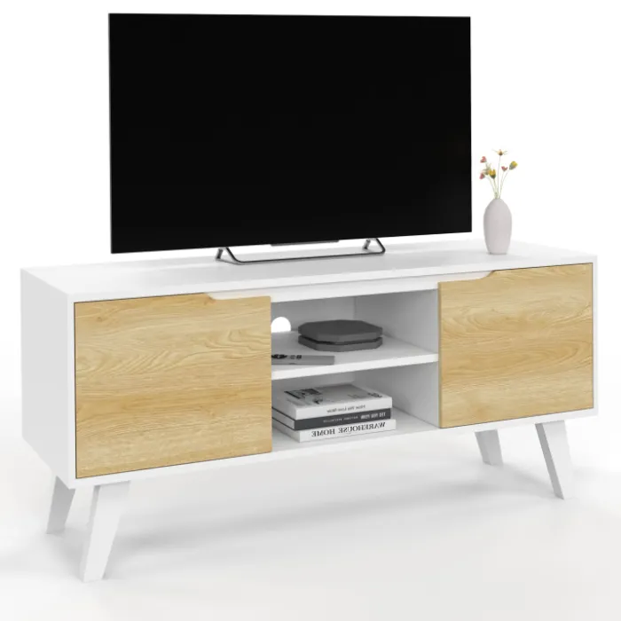 Meuble télé bois blanc 2 portes façon hêtre 110 cm