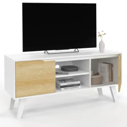Meuble télé bois blanc 2 portes façon hêtre 110 cm