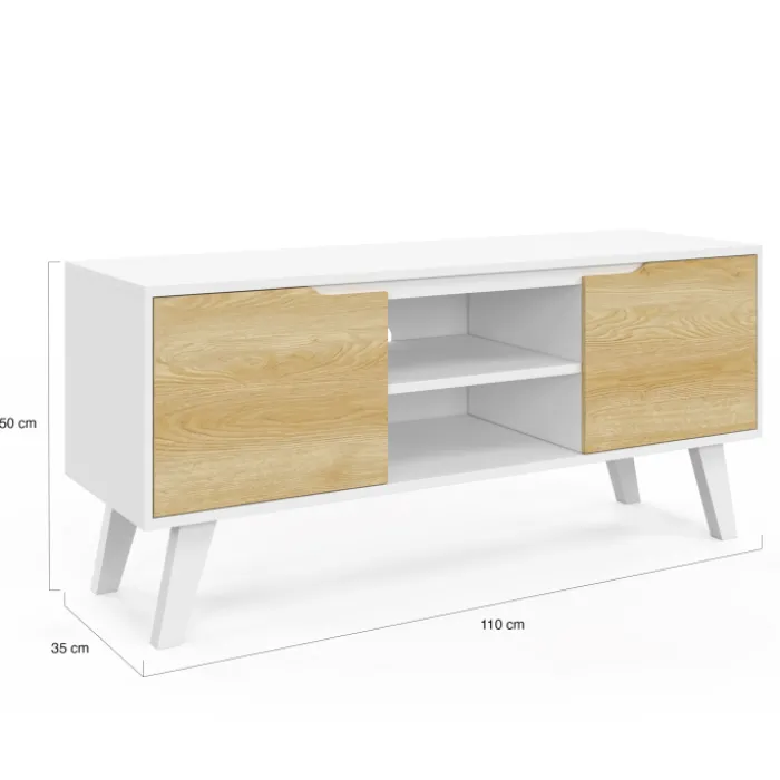 Meuble télé bois blanc 2 portes façon hêtre 110 cm