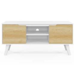 Meuble télé bois blanc 2 portes façon hêtre 110 cm