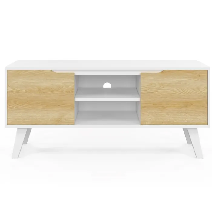 Meuble télé bois blanc 2 portes façon hêtre 110 cm