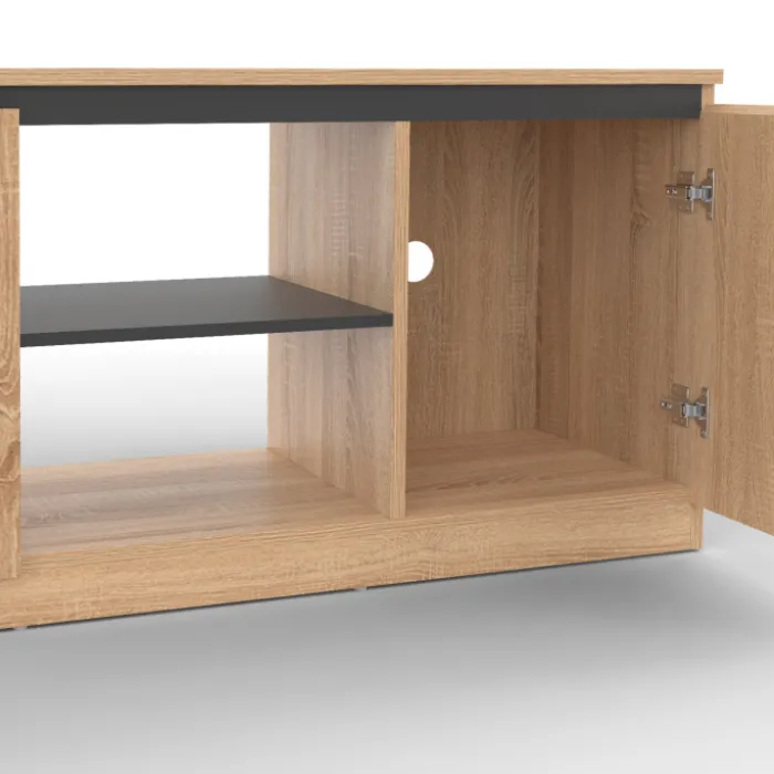 Meuble télé bois façon hêtre et noir 140 cm 3 portes