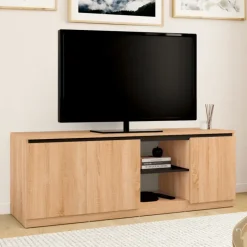 Meuble télé bois façon hêtre et noir 140 cm 3 portes