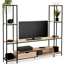 Meuble télé bois métal avec étagères et tiroirs