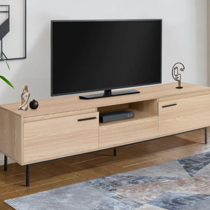 Meuble télé contemporain bois et métal 180 cm avec rangements