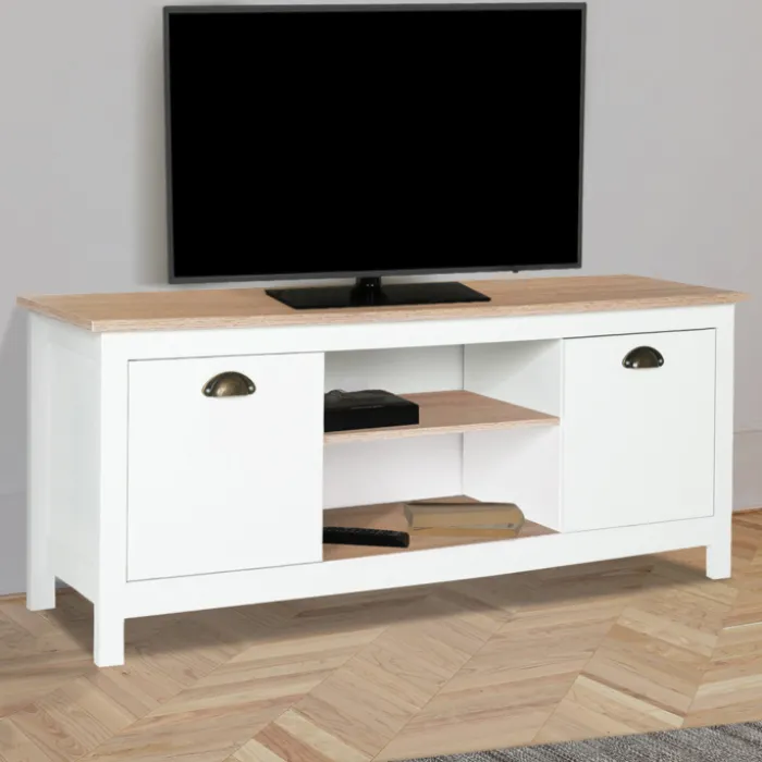 Meuble télé design blanc 2 portes avec étagères