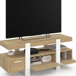 Meuble télé design blanc et bois avec tiroirs