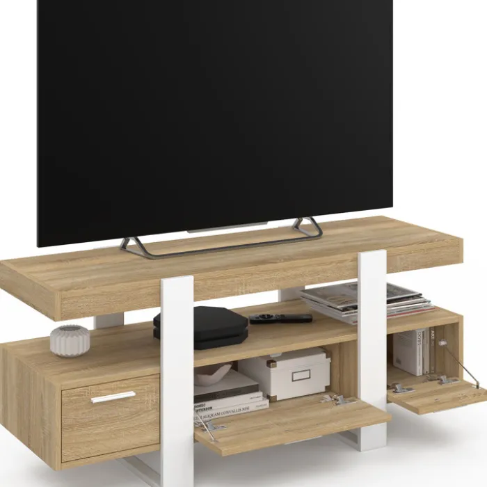Meuble télé design blanc et bois avec tiroirs