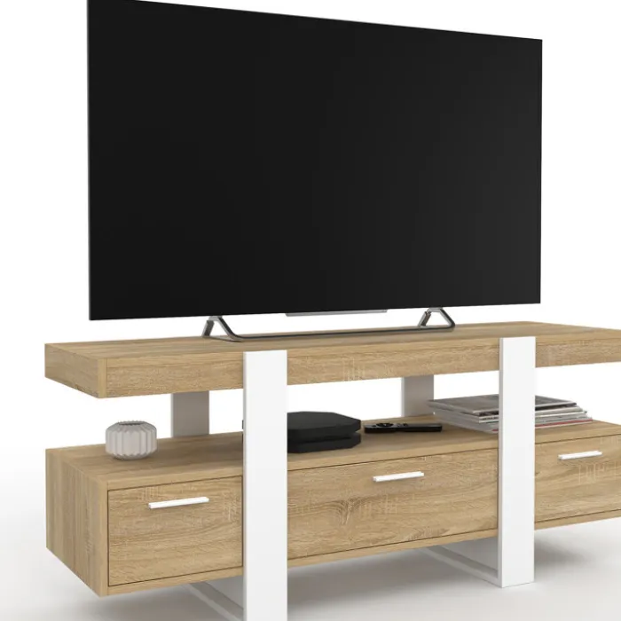 Meuble télé design blanc et bois avec tiroirs