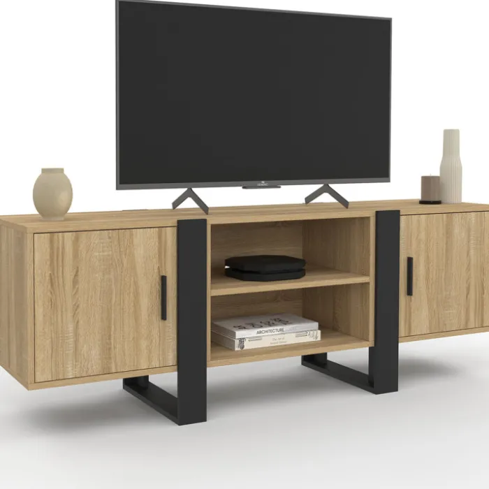 Meuble télé design noir et bois avec 2 portes
