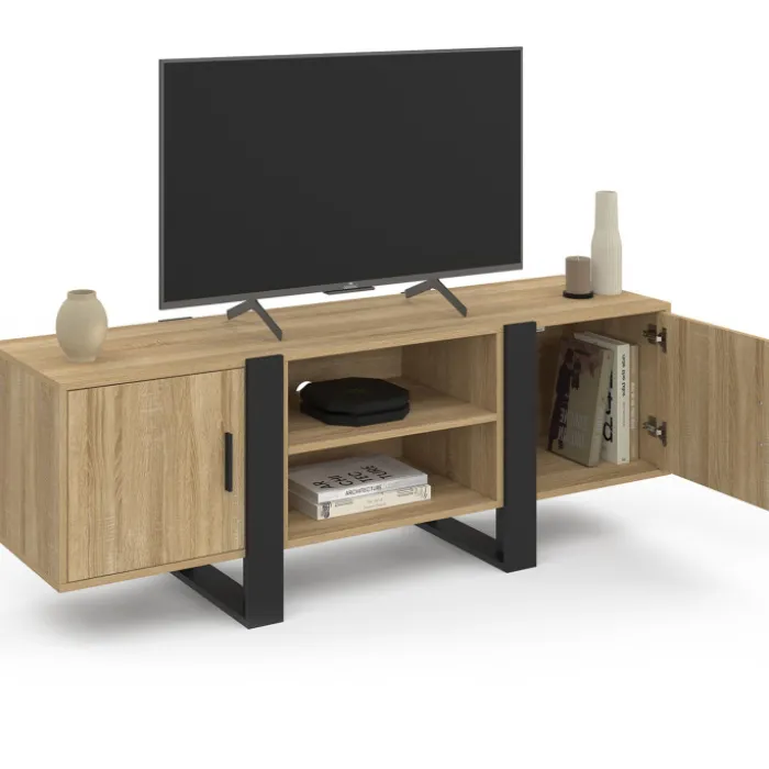 Meuble télé design noir et bois avec 2 portes