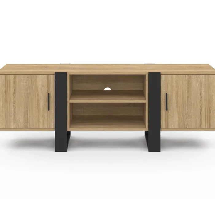 Meuble télé design noir et bois avec 2 portes