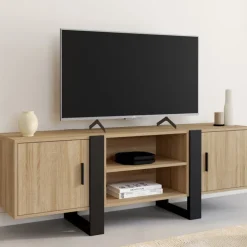 Meuble télé design noir et bois avec 2 portes