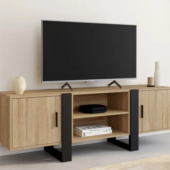 Meuble télé design noir et bois avec 2 portes