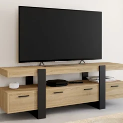 Meuble télé noir et bois 140 cm avec 3 tiroirs
