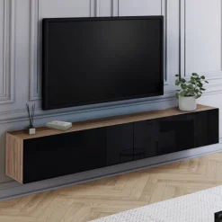 Meuble télé suspendu noir et bois 180 cm