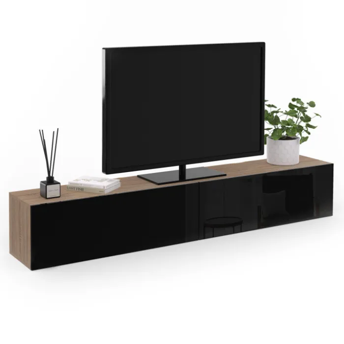 Meuble télé suspendu noir et bois 180 cm