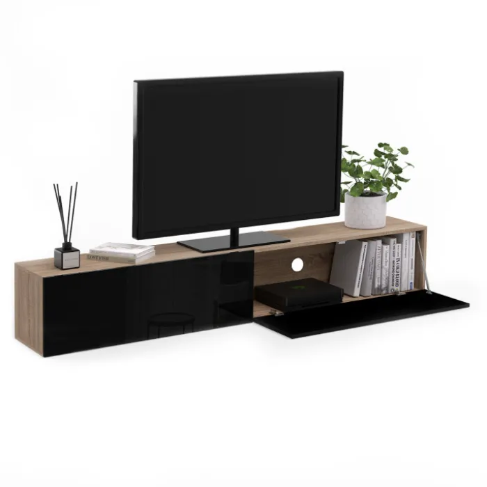 Meuble télé suspendu noir et bois 180 cm