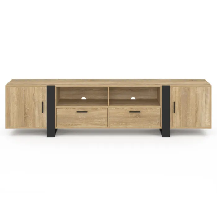 Meuble TV 200 cm 2 portes 2 tiroirs bois et noir