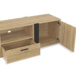 Meuble TV 200 cm 2 portes 2 tiroirs bois et noir