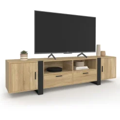 Meuble TV 200 cm 2 portes 2 tiroirs bois et noir