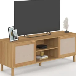 Meuble TV 140 cm 2 portes bois et effet lin